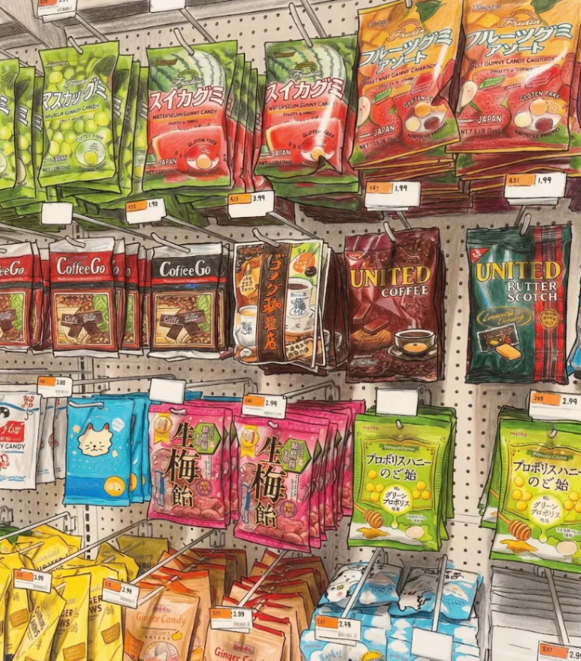 Illustration of shelves stocked with Asian snacks and specialty goods