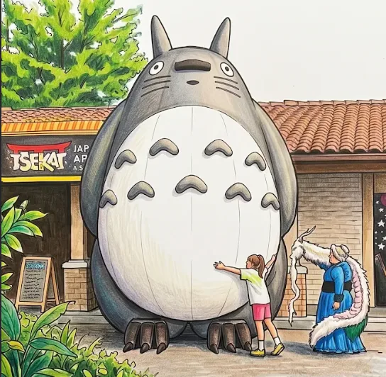 Illustration of an arcade storefront and whimsical character