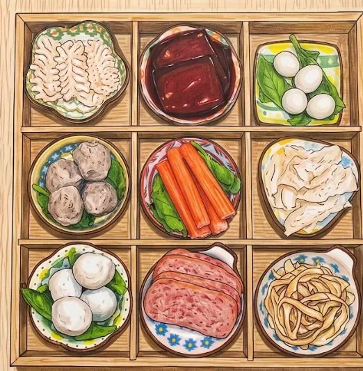 Illustration of Asian dishes arranged in a food display